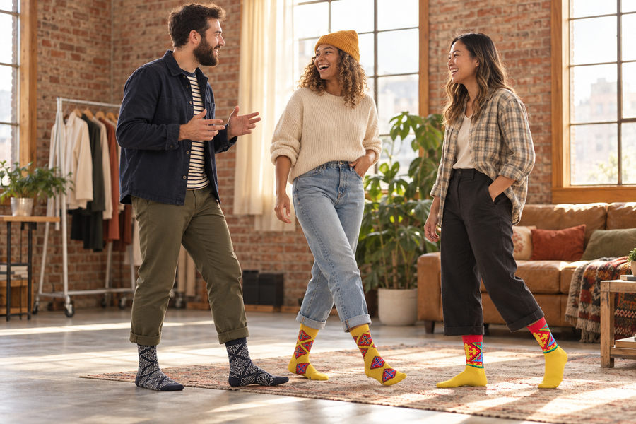 Drei Freunde in einer Wohnung, alle tragen bunte Nomad Socks