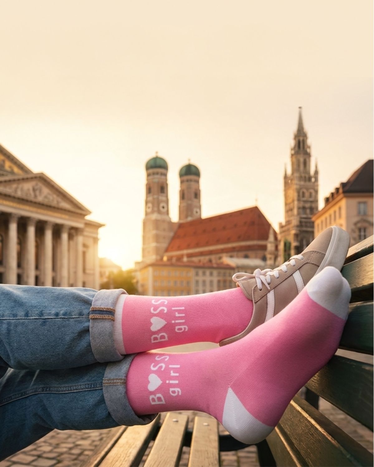 Füße mit rosa Nomad Socks "Boss Girl" Socken auf einer Parkbank, im Hintergrund die Frauenkirche bei Sonnenuntergang