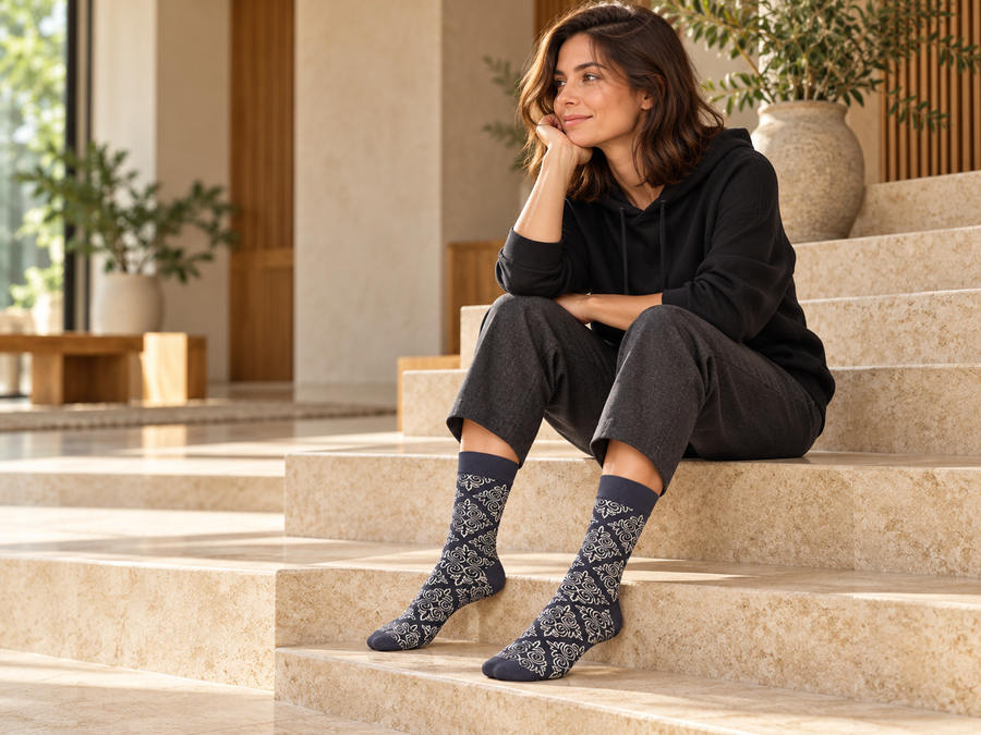 Frau sitzt auf einer Treppe und trägt dunkle Nomad Socks mit Ornamentmuster