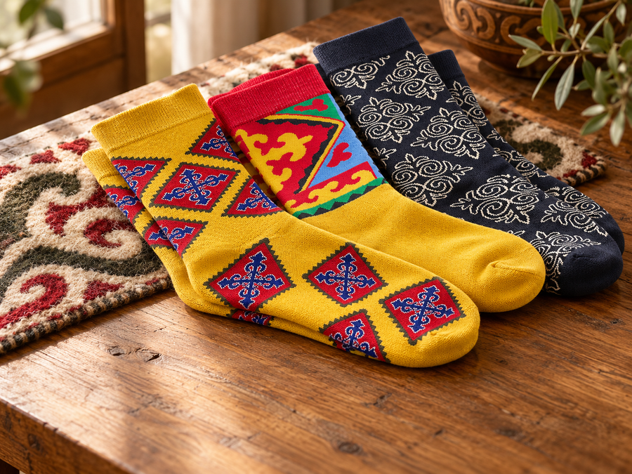 Drei Paar Nomad Socks mit kirgisischen Mustern auf einem Holztisch