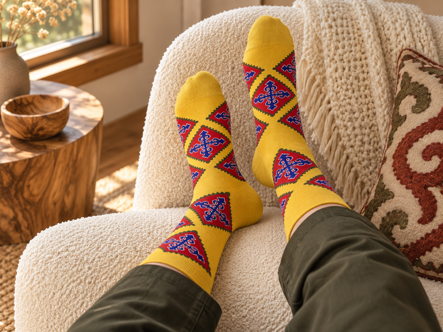 Gelbe Nomad Socks mit Rautenmuster an den Füßen, entspannt im Sessel